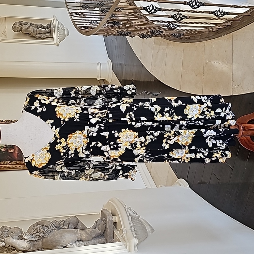 GLAMOUR - Black & Yellow Floral V Neck Balloon Sleeve Midi Dress - Size 10